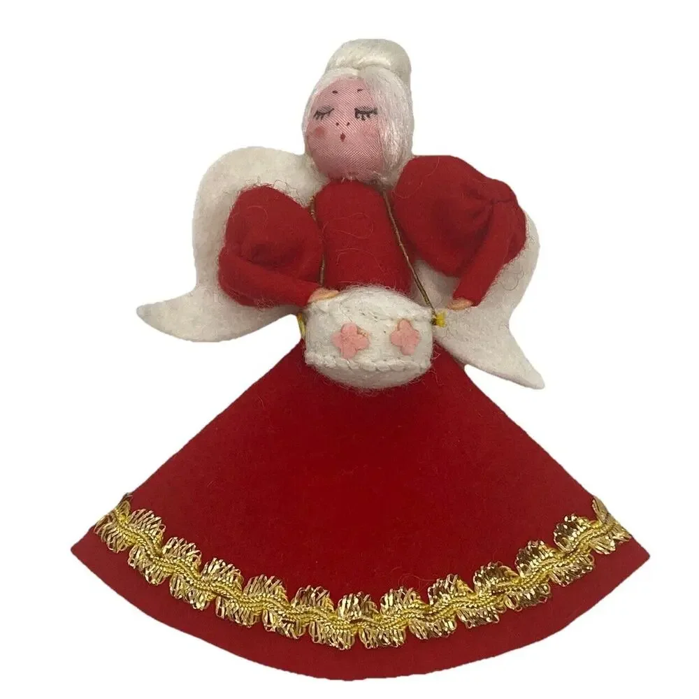 Vintage Christmas Angel 4 7/8” Figure Felt Red White Gold Wings Drum Decor